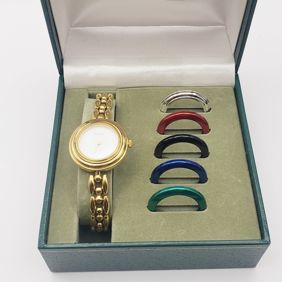 ROW!! Vintage Gucci 1980s Quartz Interchangeable Watch Bezel Set Gold Tone - Picture 5 of 10